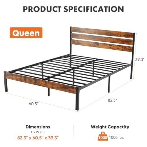 Sweetcrispy Queen Size Bed Frame with Headboard, 800LBS Mattress Foundation with All Sturdy Metal Support, Under Bed Storage, No Box Spring Needed, Easy Assembly, Rust Brown Sweetcrispy