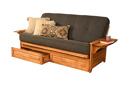 Kodiak Furniture Phoenix Full Size Futon in Butternut Finish with Storage Drawers, Linen Charcoal Kodiak Furniture