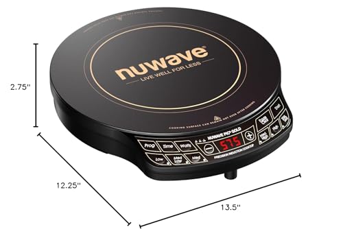Nuwave Precision Induction Cooktop Gold, 12” Shatter-Proof Ceramic Glass Surface, Large 8” Heating Coil, Portable, 51Temp Settings 100°F to 575°F, 3 Wattage Settings 600, 900, and 1500 Watts Nuwave