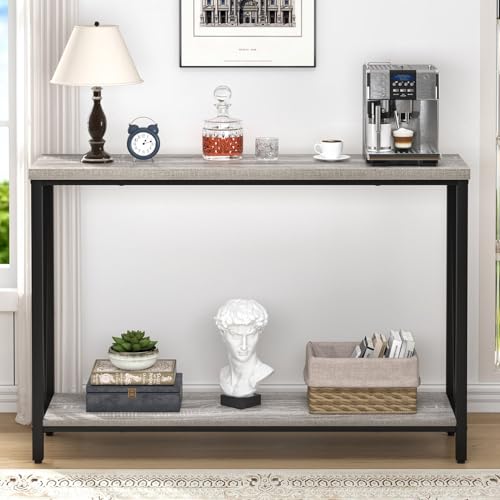 FOLUBAN Industrial Sofa Console Table, Rustic Wood and Metal Entryway Hallway Table for Living Room Entrance, 43.3 Inch Light Grey FOLUBAN