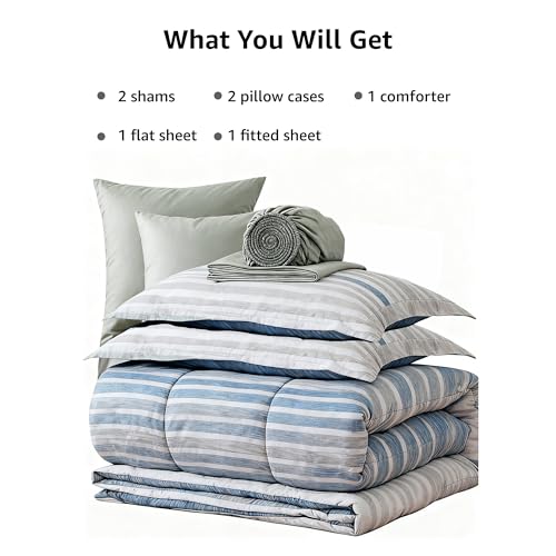Monbix Queen Comforter Set - 7 Pieces Bed in a Bag Queen, Blue-Stripe Bedding Sets, All Seasons Comforter Bed Set with Sheets, Pillowcases & Shams Monbix