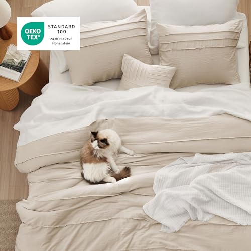 Bedsure King Comforter Set - 4 Pieces Pinch Pleat Bed Set, Linen Boho Bedding for All Season, 1 Soft Comforter, 2 Pillowcases, 1 Decorative Pillow Bedsure