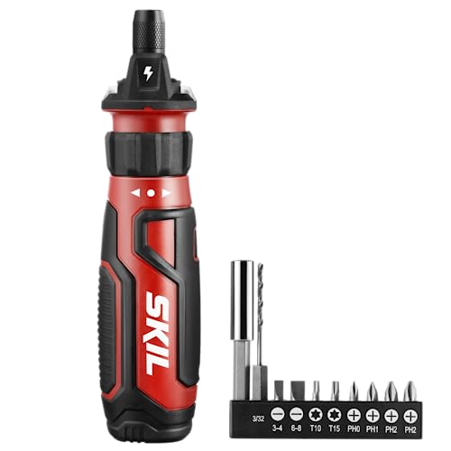 SKIL Rechargeable 4V Cordless Screwdriver with Circuit Sensor Technology, Includes 9pcs Bit, 1pc Bit Holder, USB Charging Cable - SD561201, Red Skil