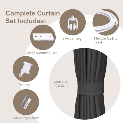 MaKefeile Room Divider Curtains & Flexible Bendable Tracks Set,Privacy Dividers Ceiling Track Curtain Window Blackout Curtains for Living Room Bedroom (W100 × H84 in 1 Panel Black Drape & White Rail) MaKefeile