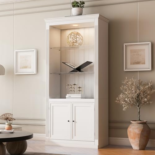Virubi 78.75" Farmhouse Tall Bookcase Display Cabinet with Storage and LED Light, 5 Colors Adjustable, Wood Mid Century Modern Bookshelves with Shelves for Living Room, Office, Freestanding, White Virubi