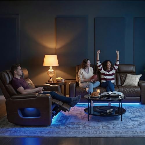Watson & Whitely Genuine Leather Power Recliner Chair with Power Headrest, Lay Flat Home Theater Recliner with LED Lighting, Massage & Heat, Arm Storage & Cup Holders for Living Room, Brown