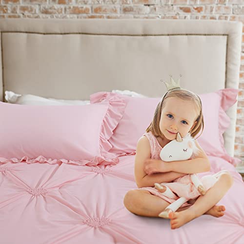ROYALAY Pink Bedding Kids Comforter Sets for Girls Ruffle Bedding Set Full/Queen Size with 2 Pillow Shams, Blush Pinch Pleat Comforter for All Season (Pink, Full-81"x86") ROYALAY