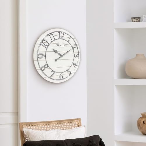 Presentime & Co Classic Farmhouse Shiplap Clock, 19.5 inch, Galvanized Finish Arabic Numerals with White Shiplap Style. Large Farmhouse Decor for Living Room, Entryway, Home Office. Wall Décor Presentime