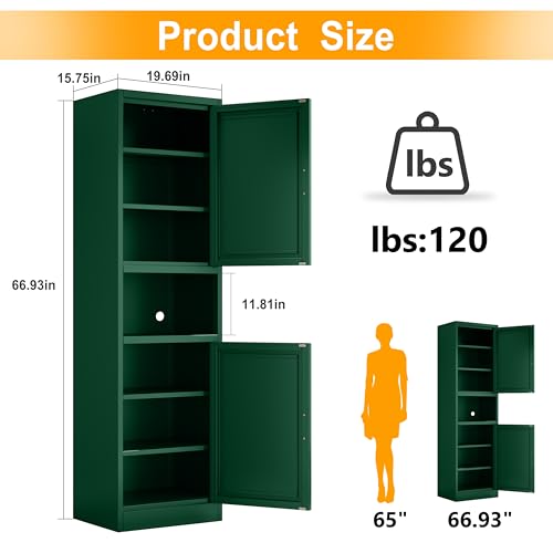 Ckzbx Tall Narrow Storage Cabinet 66.93" H Tall Bathroom Cabinet Metal Pantry Cabinets, 4 Adjustable Shelves for Kitchen, Home Office, Living Room, Dinning Room (20 inches Wide Green) Ckzbx
