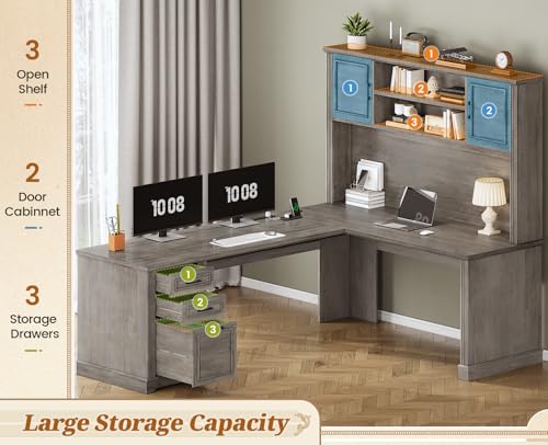 SEDETA Farmhouse L Shaped Desk with Hutch and 3 Drawers, 68.9" Executive Office Desk with File Drawer and Power Outlet, Corner Computer Desk with Storage Shelves for Home Office (Grey) SEDETA