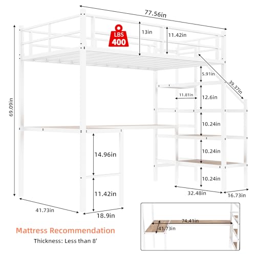 Bellemave Twin Size loft Bed with L Desk, Storage Stairs, Metal Twin Loft Bed Frame for Adults, Kids, Teens, White Bellemave