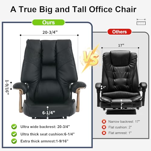 EXCEBET Big and Tall Executive Office Chair with Footrest, 400LBS Capacity Ergonomic High-Back Desk Office Chair with Lumbar Support, Padded Armrests & Thick Cushion, Black PU Leather Chairs EXCEBET
