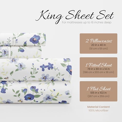 Linen Market 4 Piece King Sheet Set - Breathable, Double-Brushed Patterned Cooling Sheets – Oeko-TEX Certified Ultra Soft & Wrinkle-Free 16" Deep-Pocket King Sheets - Easy Care Blossoms Light Blue Linen Market