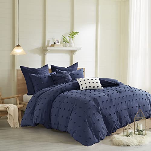Intelligent Design Duvet Set 100% Cotton Jacquard, Tufts Accent, Shabby Chic All Season Cover for Comforter, Matching Shams, Decorative Pillows, Full/Queen (88 in x 92 in), Navy 7 Piece Intelligent Design