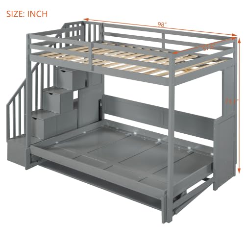 Full Murphy Bunk Bed with Desk and Hydraulic Lift, Full Over Full Size Murphy Bed with Storage Stairs, Grey Bellemave