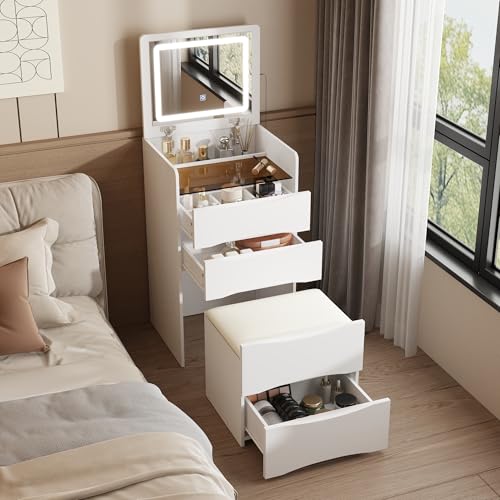 FUFU&GAGA Vanity Desk with Flip Top Mirror and Lights, Small Makeup Vanity Set with Glass Shelf, Space Saving Dressing Table with 3 Drawers & Cushion Stool for Bedroom, White 18.7”W x 15.7”D x 47.2”H FUFU&GAGA