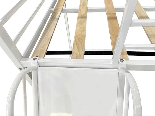 PVWIIK Twin Over Twin Metal Bunk Bed with Slide and Roof Design for Girls & Boys,House Shaped Bunk Bed Frame w/Ladder and Full-Length Guardrail,Floor Bunk Bed,No Box Spring Required,White PVWIIK