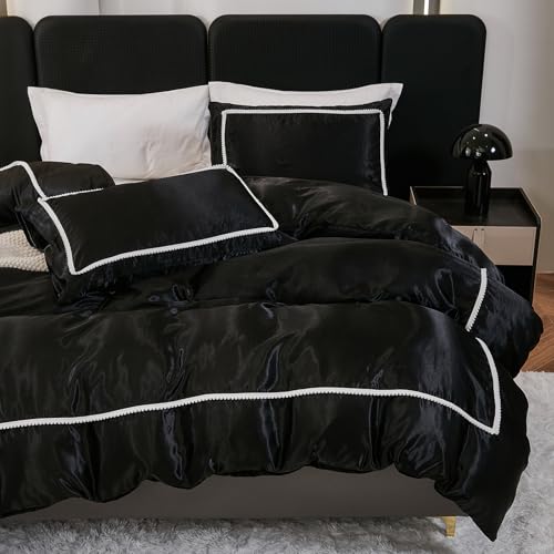Herside Black Satin Comforter 7-Piece Queen Size Bed in a Bag Luxury Polyester Satin Bedding with Pillowcases, Sheets, Pompoms Design Super Soft Silky Set For All Seasons Herside