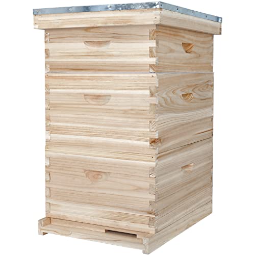 BeeCastle 10-Frame Complete Bee Hives and Supplies Starter Kit,Beehives for Beginners with Beehive Frames and Waxed Foundations (2 Deep Bee Boxes & 1 Medium Super Bee Box) BeeCastle