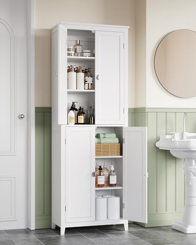 VASAGLE Floor Storage Cabinet, Freestanding Storage Unit with 4 Doors, Adjustable Shelves, 11.8 x 23.6 x 66.9 Inches, for Entryway, Bathroom, Cloud White UBBC550W01 VASAGLE