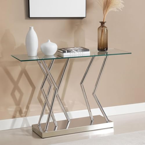 BECHAEO Tempered Glass Console Table for Entryway, 43.3" Modern Console Table with Chromed Legs, Silver Sofa Table for Living Room Hallway Entryway BECHAEO