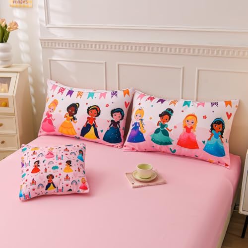 GRAT TIOC 6 Pieces Pink Princess Comforter Set for Girls Twin,Bed in A Bag Princess Bedding Set for Girl Kids (1 Comforter,1 Flat Sheet,1 Fitted Sheet,2 Pillowcases and 1 Cushion Cover) GRAT TIOC