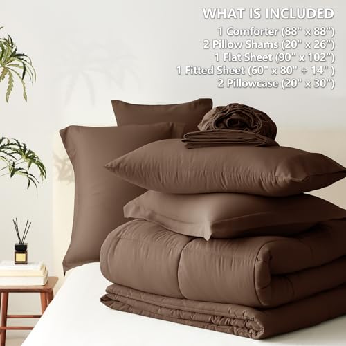 CozyLux Queen Comforter Set Brown - 7 Pieces Bed in a Bag Queen, All Season Breathable Bedding Sets, Oeko-Tex Certified Bed Set with Down Alternative Comforter, Sheets, Pillowcases & Pillow Shams CozyLux