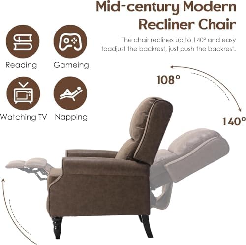 Trygoal Leather Recliner Chair, Pushback Recliner Chair with Adjustable Backrest Footrest, Mid Modern Reclining with Overstuffed Arms Lumbar Support for Reading, Living Room, Coffee Brown