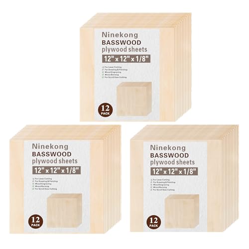 36 Pack Basswood Sheets 1/8 inch,12"x12"x1/8" Plywood Sheets,3mm Basswood for Laser Cutting,Laser Engraving Blanks,Thin Natural Unfinished Wood for Crafts,Wood Burning,Scroll Saw Cutting Ninekong