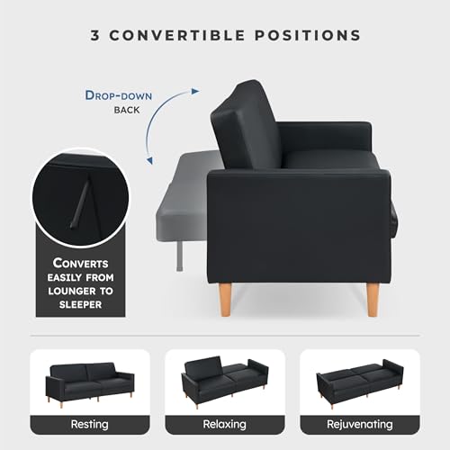 Lexicon 79"W Convertible Futon Sofa Bed, Loveseat, Faux Leather Upholstered Couch Sleeper, Adjustable Backrests, Padded Pocket Coil, Solid Wood Legs for Living Room, Bedroom, Apartment, Office, Black Lexicon