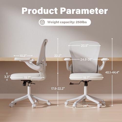 GYI Ergonomic Office Chair, Mesh Desk Chair with Adjustable Lumbar Support and 3D Flip-up Arms, Computer Chair with Wheels, All White GYI