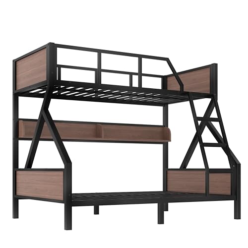 Bellemave Bunk Beds Twin Over Full Size with Storage Shelves & LED Light, Metal Twin Over Full Bunk Bed Frame with Wood Board & Sturdy Slats, Heavy Duty Bed Frame, Noise Free, Black Bellemave