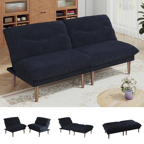 DreamDashio Futon Sofa Bed, 4 in 1 Multi-Functional Futon Couch with Adjustable Backrest, 75 inch Convertible Sleeper Sofa Bed and Recliner Lounge, Corduroy Loveseat for Living Room, Apartment, Black DreamDashio