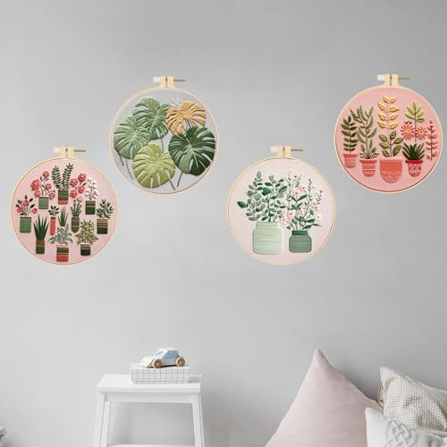 Huacan Embroidery Kits for Adults Beginner - 4 Pcs Floral Pattern Stitching Printed Bouquet DIY Sewing Kit 7.9 x 7.9 Inch (Bouquet 2)