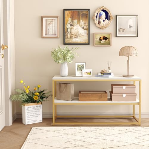 Function Home TV Stand for TVs up to 50 Inch, 3 Tier Entertainment Center, Modern TV Cabinet with Marble Top and Gold Metal Base, 42" Media Console Table with Storage for Living Room Bedroom Function Home