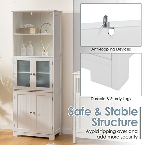 Tangkula Tall Bathroom Storage Cabinet, Freestanding Floor Cabinet w/2 Glass Doors & 2 Open Shelves, 3-Position Adjustable Shelves, Anti-toppling Design, 64” Tall Pantry Cupboard for Kitchen Tangkula