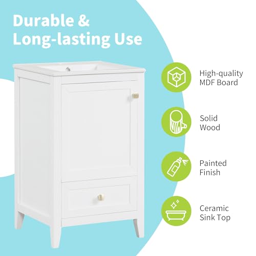 20" Bathroom Vanities with Ceramic Sink, Storage Rack Shelf and One Drawer, Solid Wood & MDF Board, White Merax