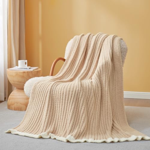Snuggle Sac Luxury King Size Blanket for Bed, Cozy Soft Fuzzy Microfiber Knit Stripe Bedding Blankets, Beige, 108x90 inches Snuggle Sac