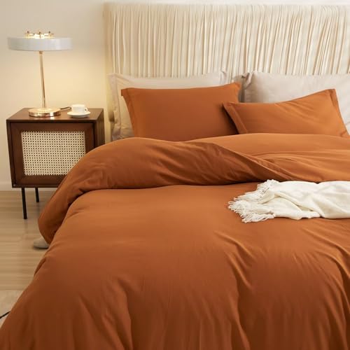 AZMTOP Washed Duvet Cover 3 Pcs(1 Duvet Cover with 2 Pillowcases) Full Size,All Season Use Soft Breathable Comforter Covers Simple Solid Style,Kid Adult Bedding Set Terrocotta 80"X90" AMZTOP