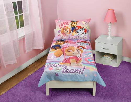 Paw Patrol Skye We're A Team 4 Piece Toddler Bedding Set - Includes Comforter, Sheet Set - Fitted + Top Sheet + Reversible Pillow Case for Girls Bed, Pink Paw Patrol