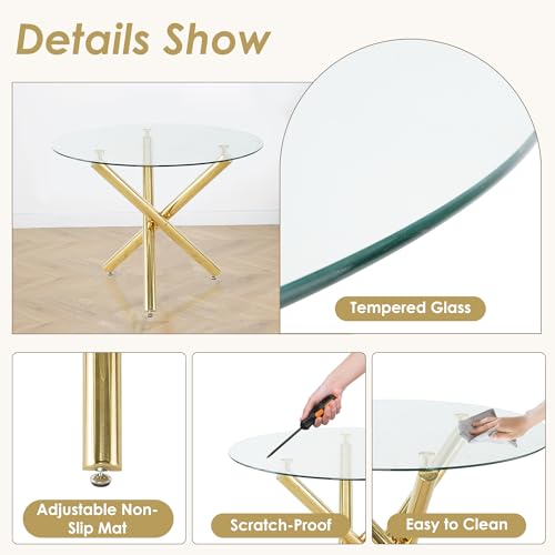 HAIZAO 5 Pieces Gold Round Glass Dining Table Set, Modern Luxury Circle Kitchen Set for 4, 36'' Clear Minimalist Circular Glass Top Dinner Room Set, Black High-end Tufted Chairs, for Small Place HAIZAO