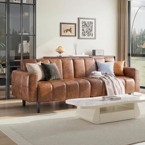 hausway 83”Faux Leather Futon Couch,Mid Century Modern Convertible Faux Leather Sofa with Adjustable Backrest,Storage Pocket,Wooden&Steel Frame for Office,Living Room,Space-Saving,Brown hausway
