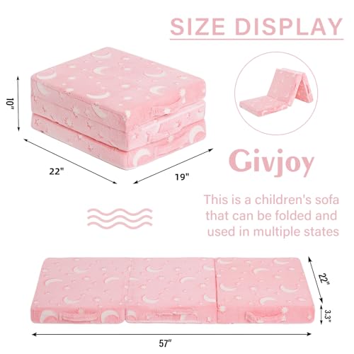 Givjoy Foldable Floor Mattress for Kids, Glow in The Dark Pink Moon Toddler Washable Tri Folding Floor Mat for Nap Daycare, Child Trifold Futon Sofa Bed with Storage Bag for Playroom Girls and Boys Givjoy