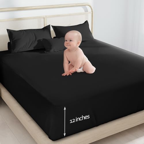 Twin Fitted Sheet Only, Twin Size Sheets for Kids Up to 14 Inches Deep Procket, Single Bed Mattress Sheets Stretchable Breathable Cover, Black Coldwind