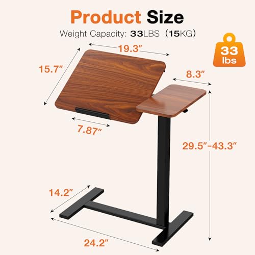 NEWBULIG Overbed Bedside Table Adjustable with Wheels, Small Rolling Standing Desk Portable Laptop PC Desks Side Computer Tray Stand Up with Tilting Top & Gas Lift for Home Office and Bedroom Brown NEWBULIG