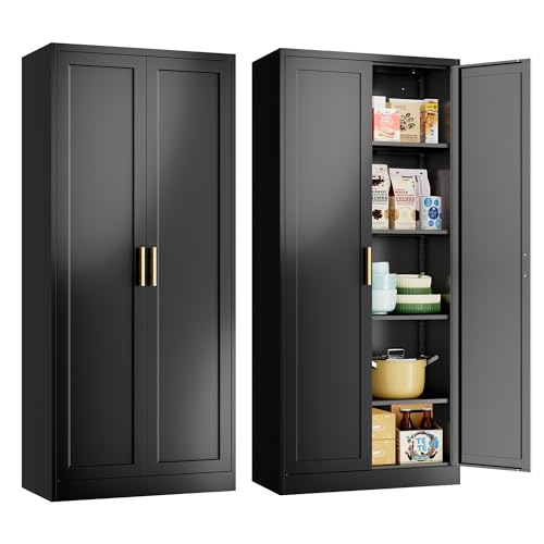 Metal Kitchen Pantry Cabinet, 71"Tall Cabinet with 2 Doors and 4 Adjustable Shelves, Pantry Cabinets for Kitchen Storage, Metal Storage Cabinet for Kitchen, Dining Room, Living Room and Bathroom-Black Wanfu