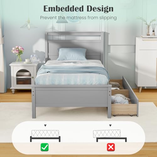 Giantex Wood Twin Bed with 2 Storage Drawers, Solid Wood Platform Bed with Headboard, Single Bed Wooden Slats Support, No Spring Needed, Twin Bed Frame for Kids, Teens, Adults (Grey) Giantex