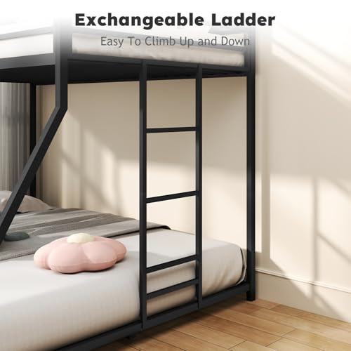 Zevemomo Twin Over Full Bunk Bed, Metal Low Profile Bunkbeds with Full-Length Guardrail and Ladder, Space Saving, No Boxing Spring Needed, Black Zevemomo