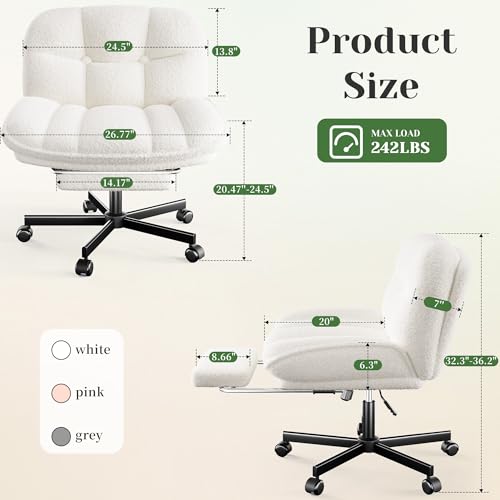 DurayLoly Cross Legged Office Chair with Foot Rest, 6.3" Thick Cushioned Criss Cross Chair with Wheels, Height Adjustable Swivel Vanity Chair for All-Day Comfort (White) DurayLoly