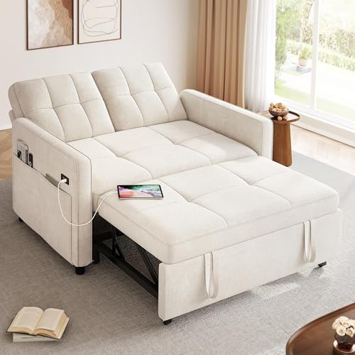 DWVO 3 in 1 Convertible Sleeper Sofa Bed, 55" Pull Out Sofa Bed with Adjustable Backrest and USB, Velvet Futon Couch with Side Pockets for Living Room, Beige DWVO